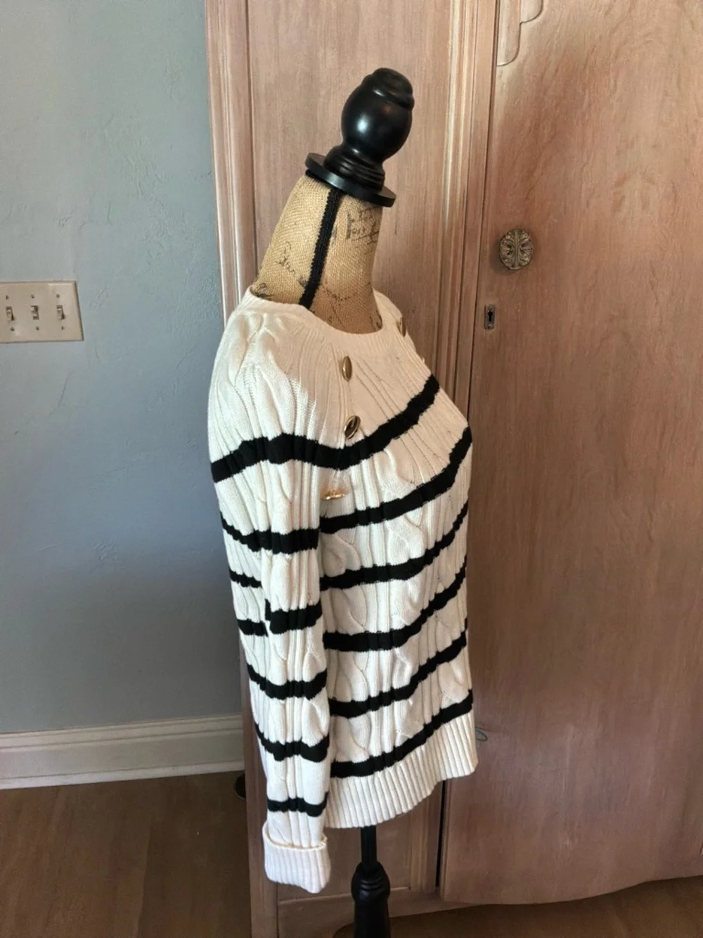 Talbots Black & White Breton Stripe cotton Cable Knit Crew Sweater nautical sz M